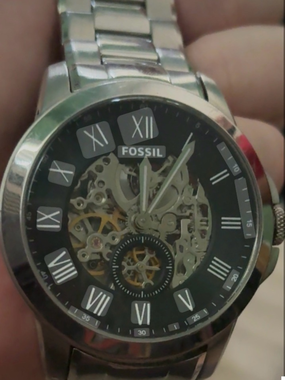 Fossil Silver-Tone Skeleton Watch with Black Dial